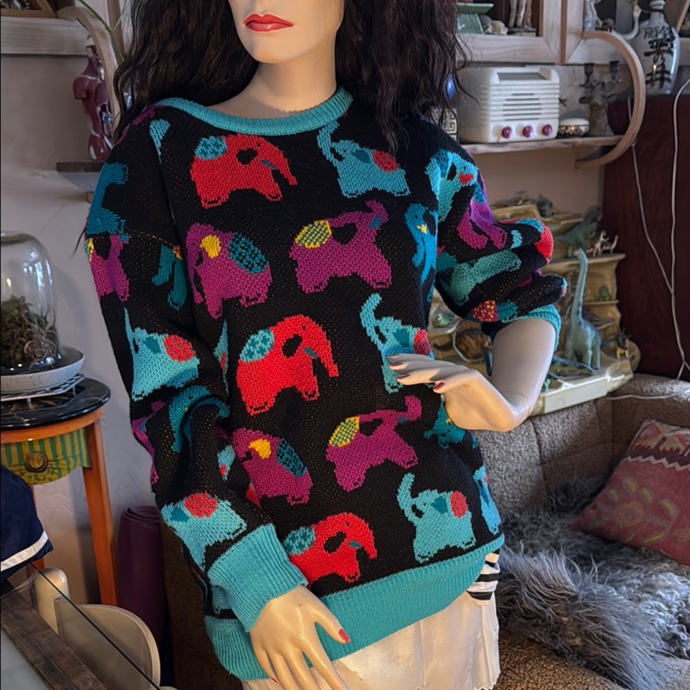 Black and Blue Crew Neck Sweater with Bold Floral Design